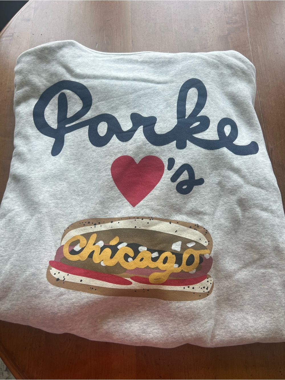 Parke Chicago gray hoodie with Graphic Hot Dog Design L/XL